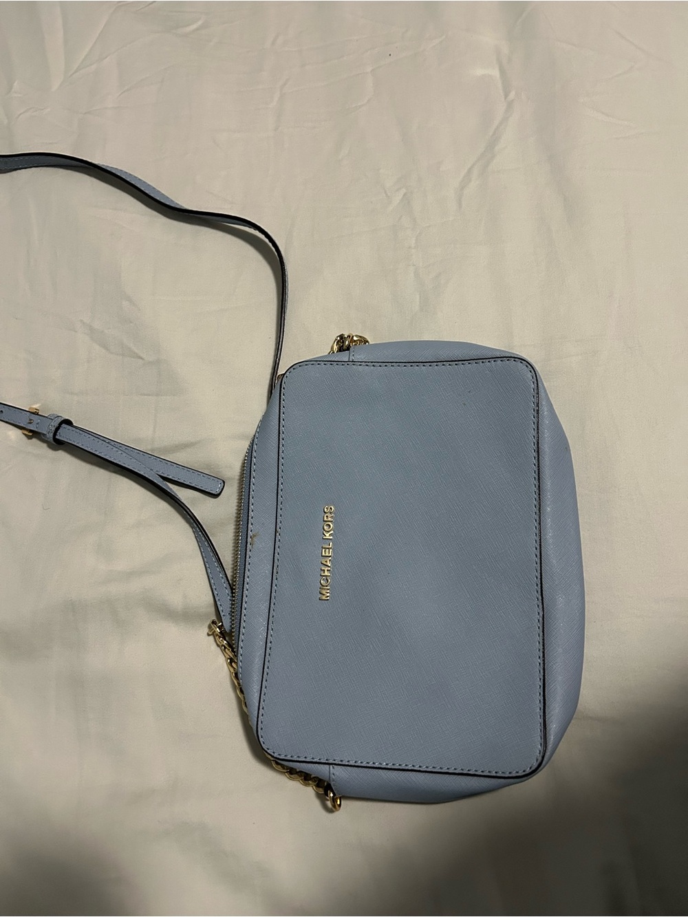 Michael Kors Light Blue Saffiano Crossbody Bag with Gold Hardware